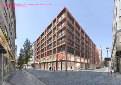 Předpokládaná podoba parkovacího domu mezi náměstím Msgre Šrámka a Zámeckou ulicí. Vizualizace: Chalupa architekti