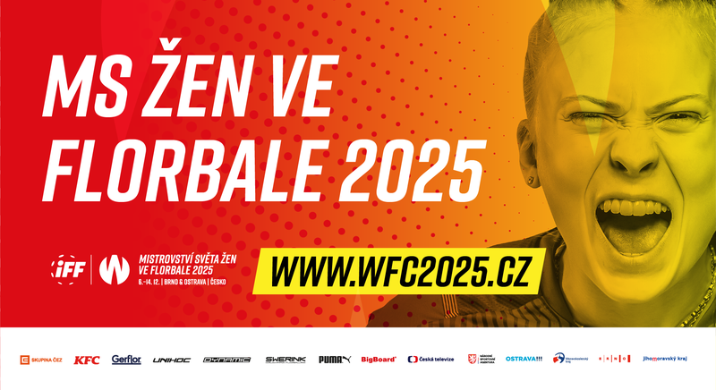Grafický plakát k Mistrovství světa žen ve florbale 2025