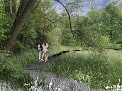 Budoucí podoba mokřadní plochy v Hrabové. Vizualizace: Ateliér ZAKA22, (Magda Cigánková Fialová, Petra Lindovská)