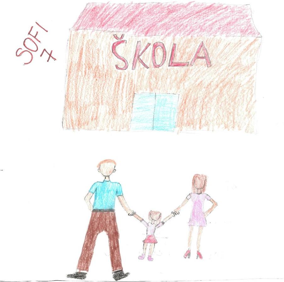 Takto vidí svou první cestu do škol sedmiletá ostravská žačka Sofie na své vlastní kresbě