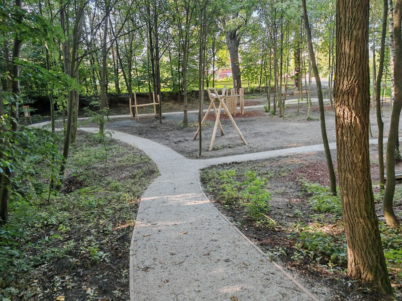 Lesním hřištěm prostupují úhledné pochozí chodníčky