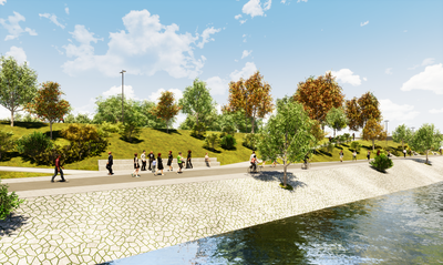 Budoucí podoba revitalizovaného levého břehu řeky Ostravice. Vizualizace: CHVÁLEK ATELIÉR s. r. o