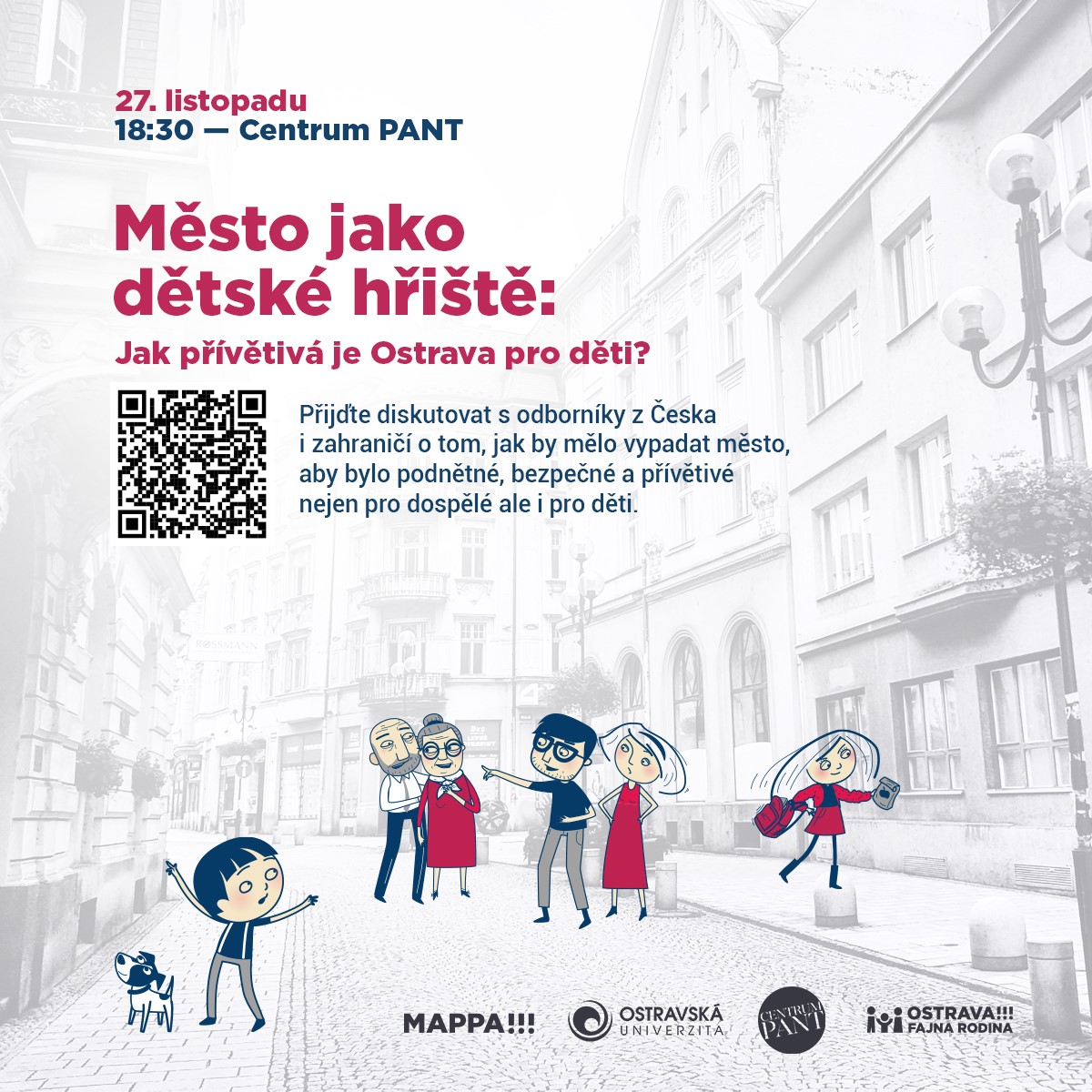 Grafický plakát k veřejné debatě Město jako dětské hřiště.
