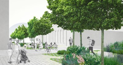 Veřejný prostor poblíž zamýšlené Rezidence Stodolní získá mnohem přívětivější podobu. Vizualizace: Bogle Architects