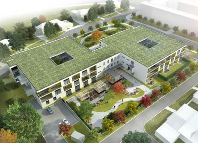 Vizualizace plánovaného domova pro seniory v Hulvákách. 