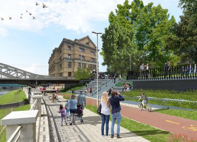 Slezský břeh Ostravice se mění v příjemné místo pro odpočinek a procházky. Vizualizace: MMO