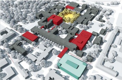 Vizualizace areálu nemocnice po modernizaci. Červeně označené jsou budovy, které budou během modernizace postaveny. 
