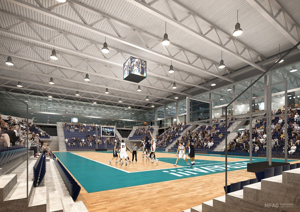 Hala poslouží celé řadě míčových sportů, například basketbalu. Vizualizace: Platforma architekti Hala poslouží celé řadě míčových sportů, například basketbalu. Vizualizace: Platforma architekti