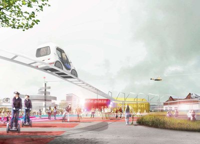 Jednou z atrakcí bude elektrické vozítko jezdící po dráze nad muzeem. Vizualizace: BWW Architekten und Partner ZT 