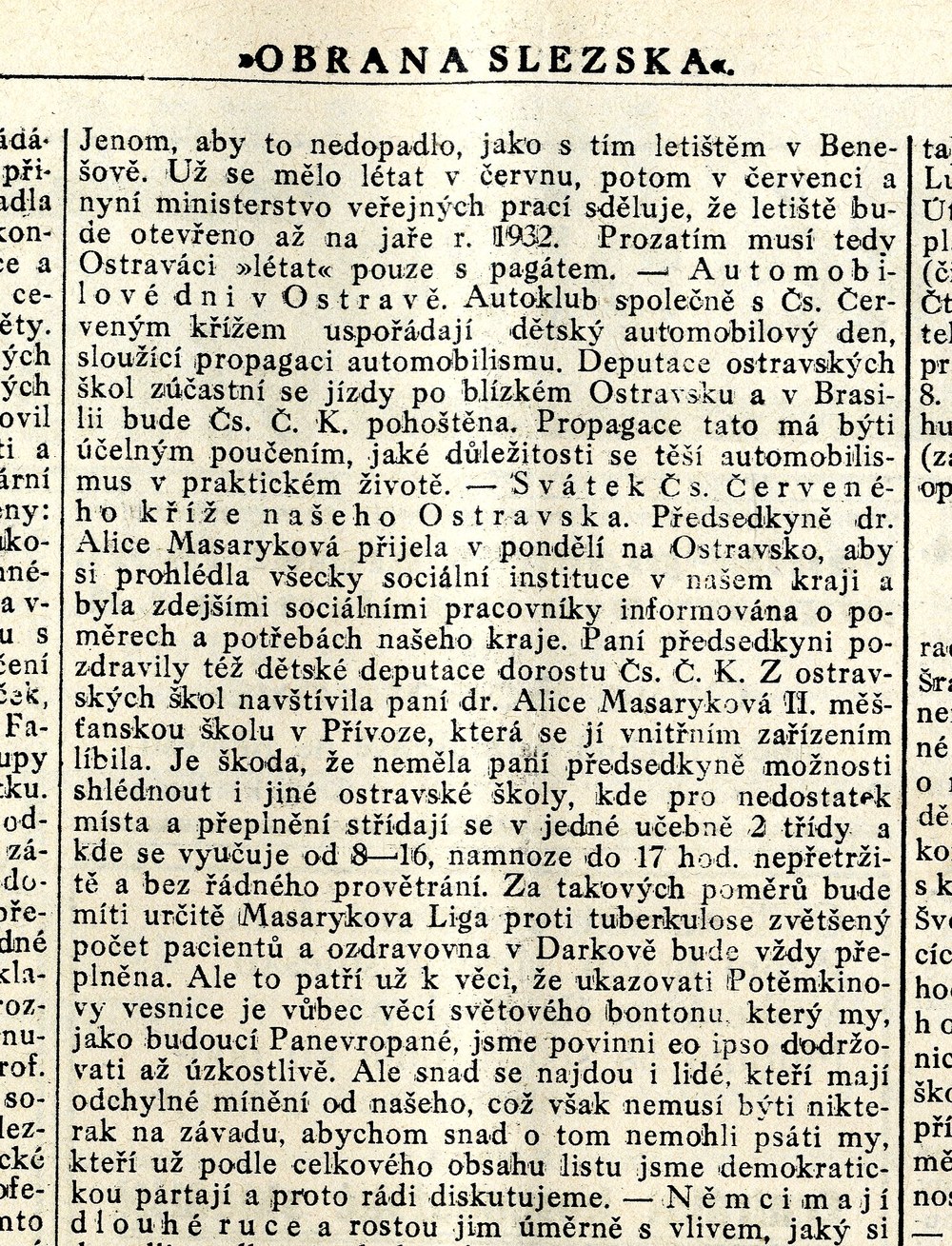 Ostravské návštěvy si ve 30. létech 20. století všimlo také periodikum Obrana Slezska