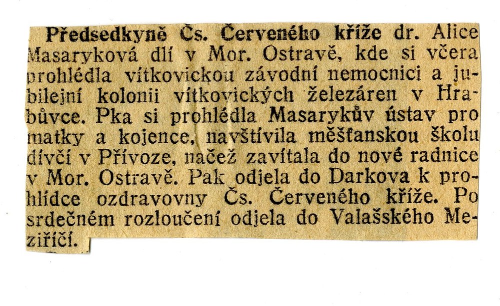 Výstřižek z dobového tisku zachytil návštěvu Alice Masarykové v Moravské Ostravě