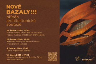 Grafická pozvánka k akcím doprovodného programu v rámci veřejné výstavy Nové Bazaly!!! Příběh architektonické soutěže