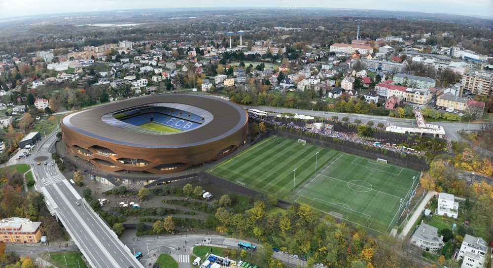 Budoucí podoba fotbalového stadionu Nové Bazaly. Vizualizace: L35 Arquitectos Budoucí podoba fotbalového stadionu Nové Bazaly. Vizualizace: L35 Arquitectos
