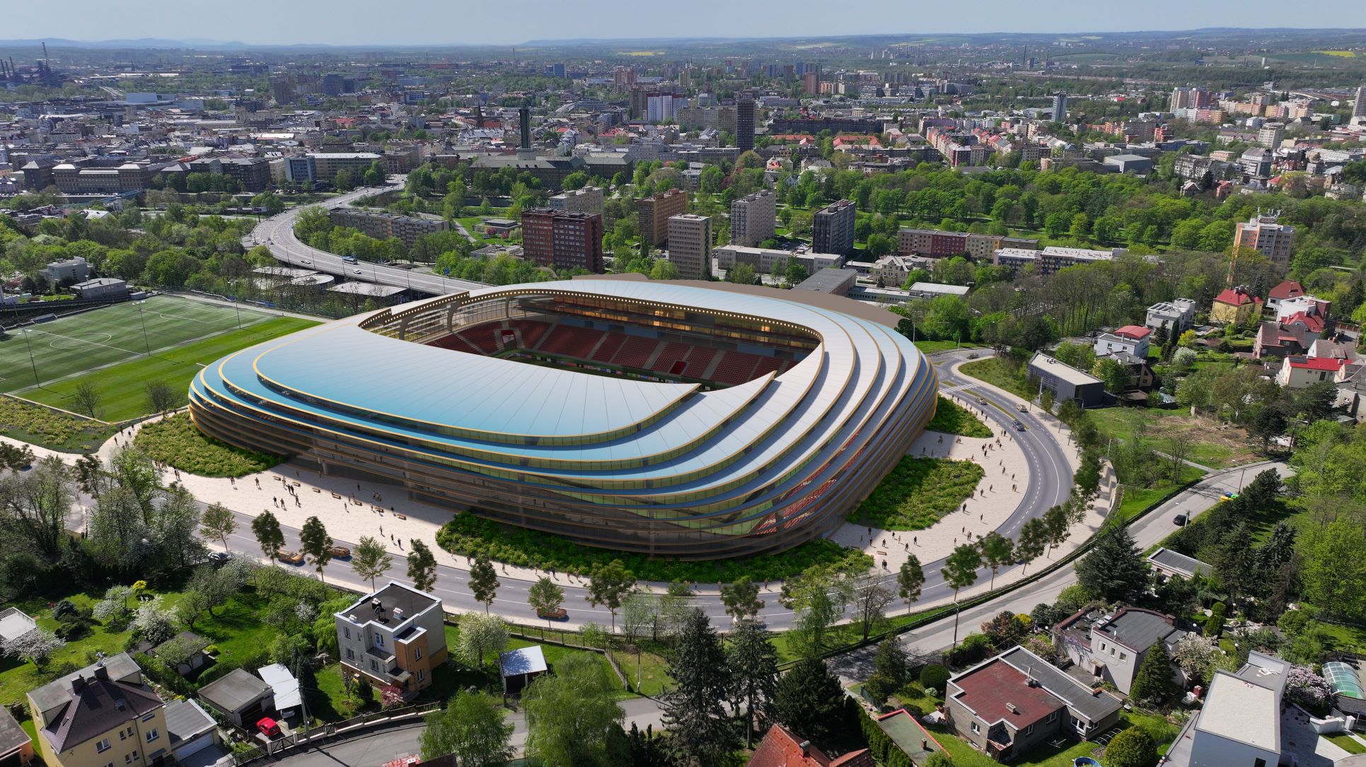 Orientační motiv z přibližného řešení podoby stadionu. Vizualizace: Architekti David Kotek a Rudolf Müller, PROJEKTSTUDIO  EUCZ