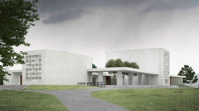 Budoucí podoba objektu krematoria na Ústředním hřbitově ve Slezské Ostravě. Vizualizace: Meerkatelier