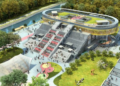 Vizualizace budovy Katedry studií lidského pohybu, pod níž město vybuduje podzemní parkoviště se 160 místy. 