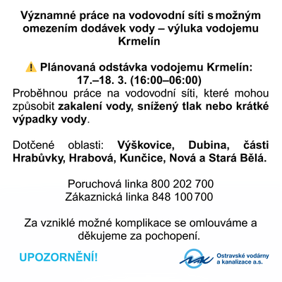 Grafický leták s informacemi o dodávkách pitné vody v průběhu prací na vodojemu v Krmelíně