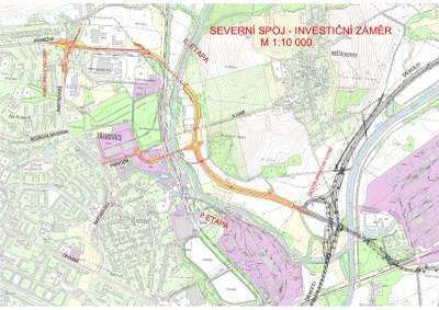 Schéma trasy Severního spoje (vyznačeno žlutě).