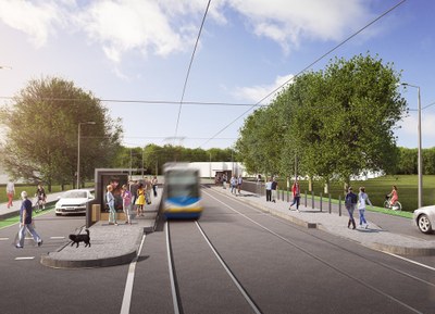 Foto: Vizualizace zastávky nové tramvajové trati v Průběžné ulici. 