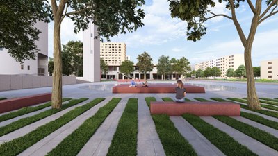 Budoucí podoba veřejného prostoru před zábřežským kostelem sv. Ducha. Vizualizace: Ateliér m2au