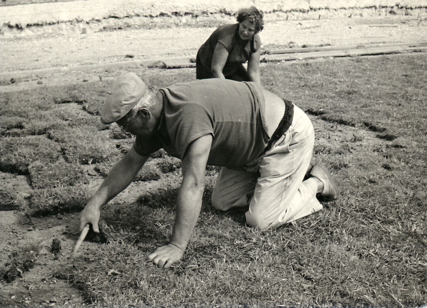 Pro srovnání - takto se pokládal nový travnatý povrch při stavbě stadionu Bazaly na konci 50. let. Foto z pozůstalosti Zdeňka Valoviče