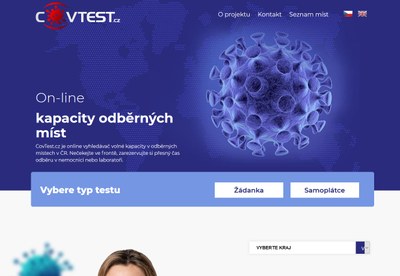 Titulní strana webu covtest.cz