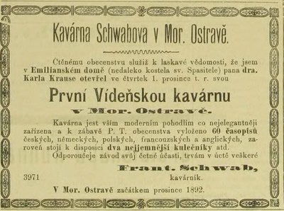 Dobová reklama na  „Kavárnu Schwabovu v Moravské Ostravě" z konce 19. století. Zdroj: AMO