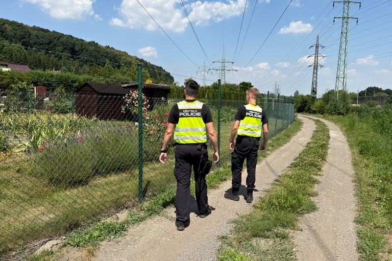Hlídka strážníků při preventivní obhlídce zahrádkářské kolonie. Foto: MPO