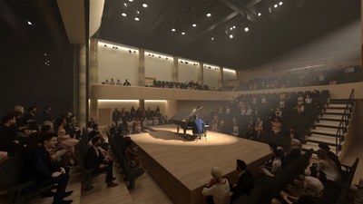 5.	Projekt koncertního sálu a rekonstrukce DKMO, vizualizace interiéru nově zrekonstruovaného komorního sálu. Autor: Steven Holl Architects & Architecture Acts