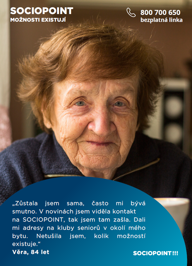 Leták s informací o službách Sociopointu, včetně bezplatné linky 800 700 650