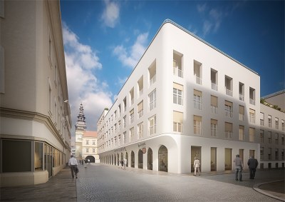 Pohled na nové loubí z křížení ulic Velké a Dlouhé. Vizualizace: Znamení čtyř architekti