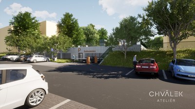 Parkovací dům splyne s okolím a bude zasazen v místní zeleni. Vizualizace: CHVÁLEK ATELIÉR