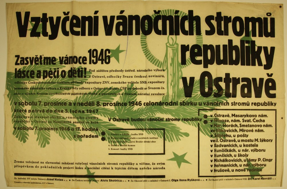 Pozvánka na poválečné vztyčení Vánočních stromů republiky v roce 1946