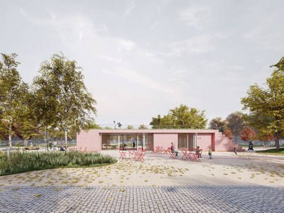 Nová úprava počítá s kavárnou, poskytující průhled do parku. Vizualizace: Míza architekti