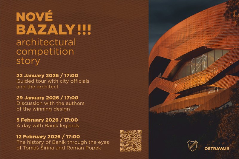Graphic invitation to the events public exhibition New Bazaly!!! The Story of an Architectural Competition