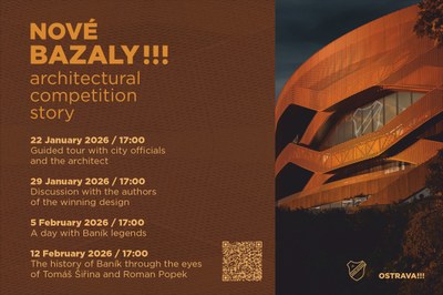 Graphic invitation to the events public exhibition New Bazaly!!! The Story of an Architectural Competition