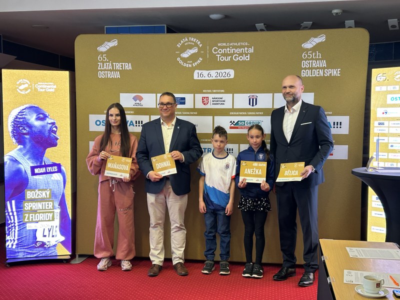 From the press conference for Golden Spike 2026, attended by sprinter Karolína Maňasová, Mayor Jan Dohnal, and Regional Governor Josef Bělica. Photo: MMO