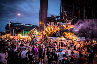 The fascinating festival visuals also featured an industrial dragon. Photo: Beats for Love