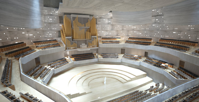 Visualization of the interior of the main auditorium. Source: study by Steven Holl Architects and Architecture Acts